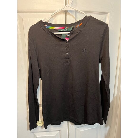 Lauren Ralph Lauren Black Henley Long Sleeve Shirt Womens M Cotton Blend - Picture 1 of 11